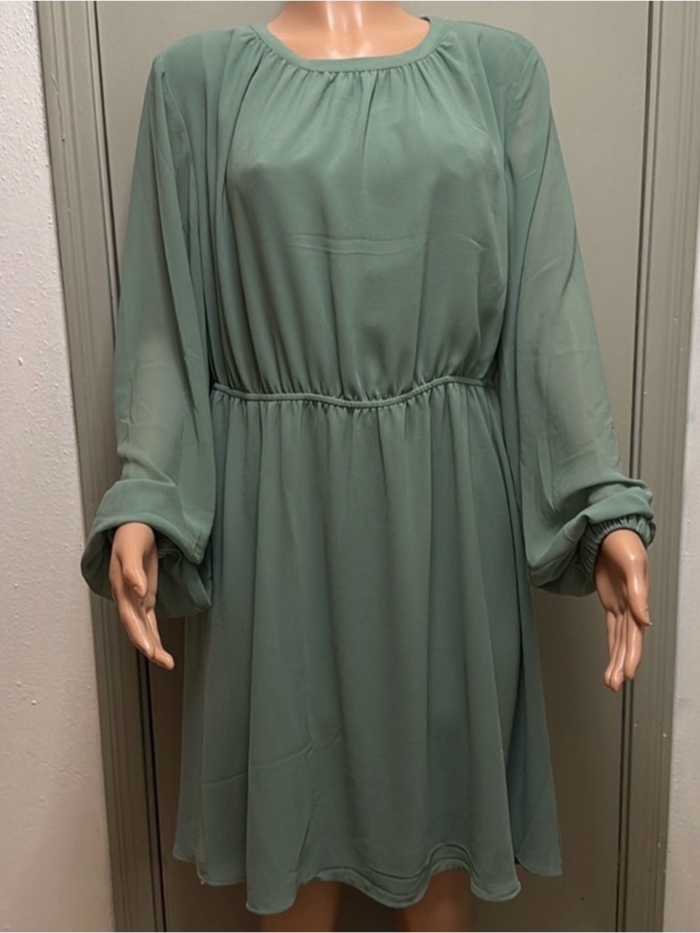 H&M Sage Green Long-Sleeve Chiffon Midi Dress